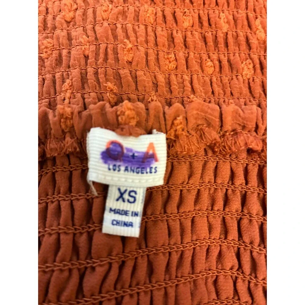 O+A Los Angeles Smocked Crop Top XS‎ Rust Puff Sleeve Peplum Blouse